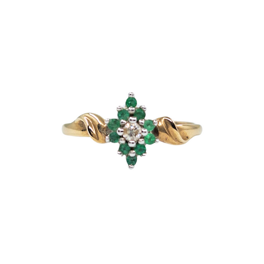 9ct Yellow Gold Emerald & Diamond Cluster Ring
