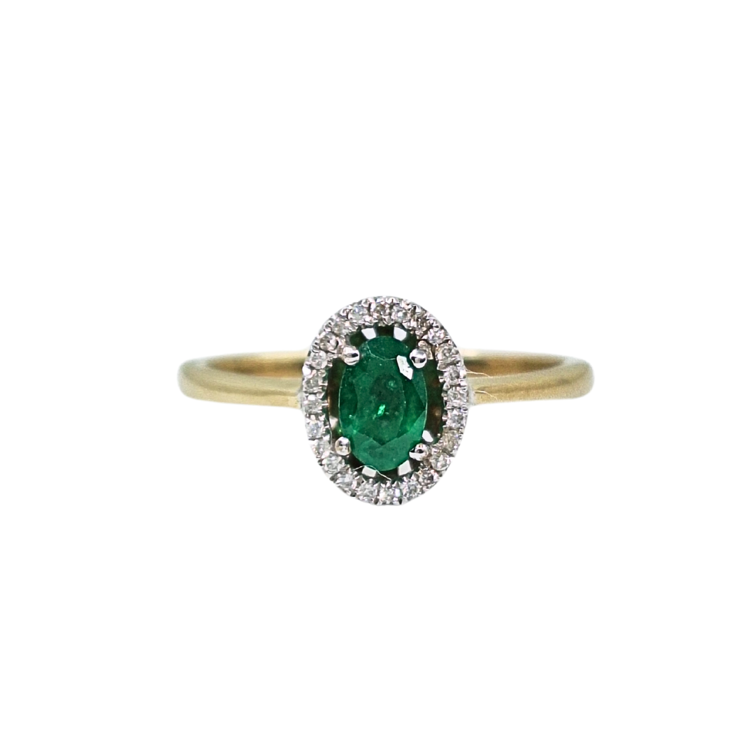 9ct Yellow Gold Emerald & Diamond Halo Cluster Ring