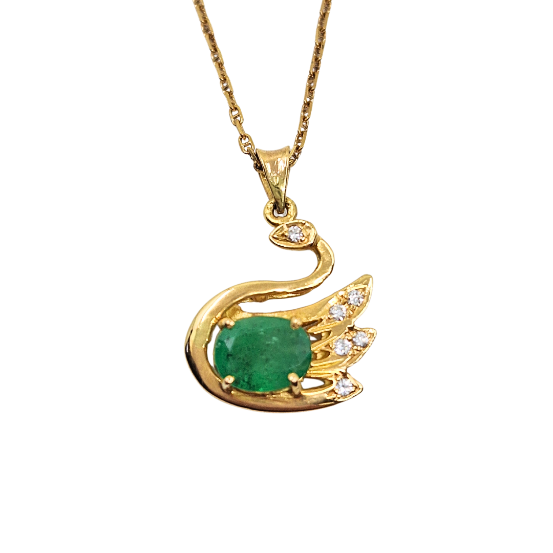 18ct Yellow Gold Emerald & Diamond Swan Pendant