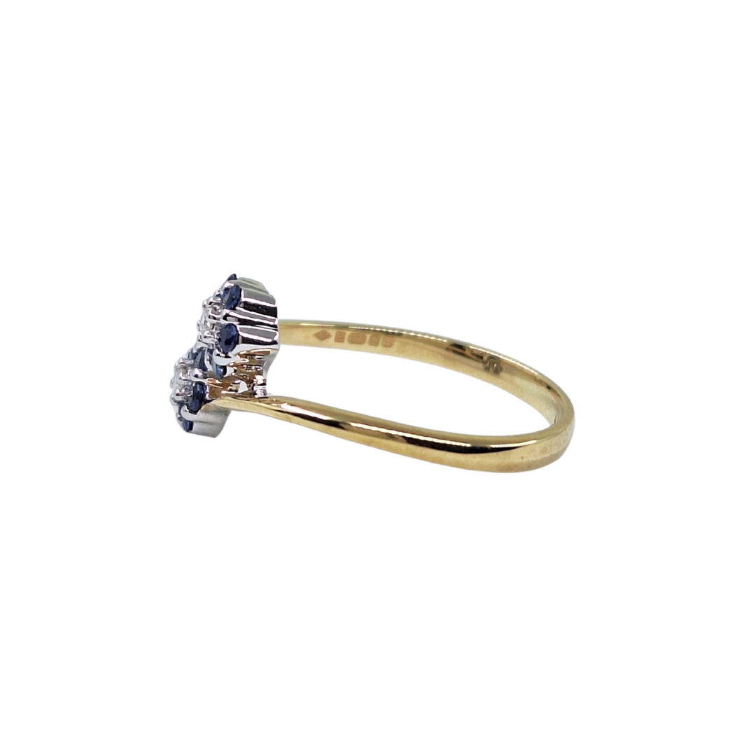 9ct Yellow Gold Sapphire & Diamond 2 Flower Cluster Ring