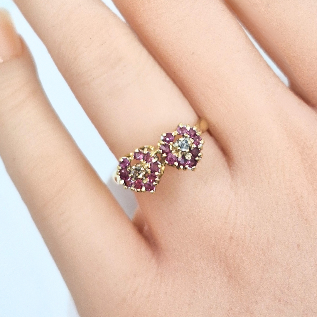 9ct Yellow Gold Ruby & Diamond Double Heart Ring