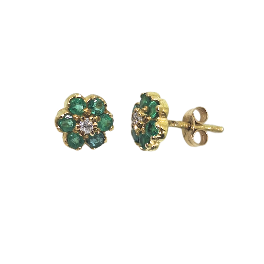 9ct Yellow Gold Emerald & Diamond Flower Stud Earrings