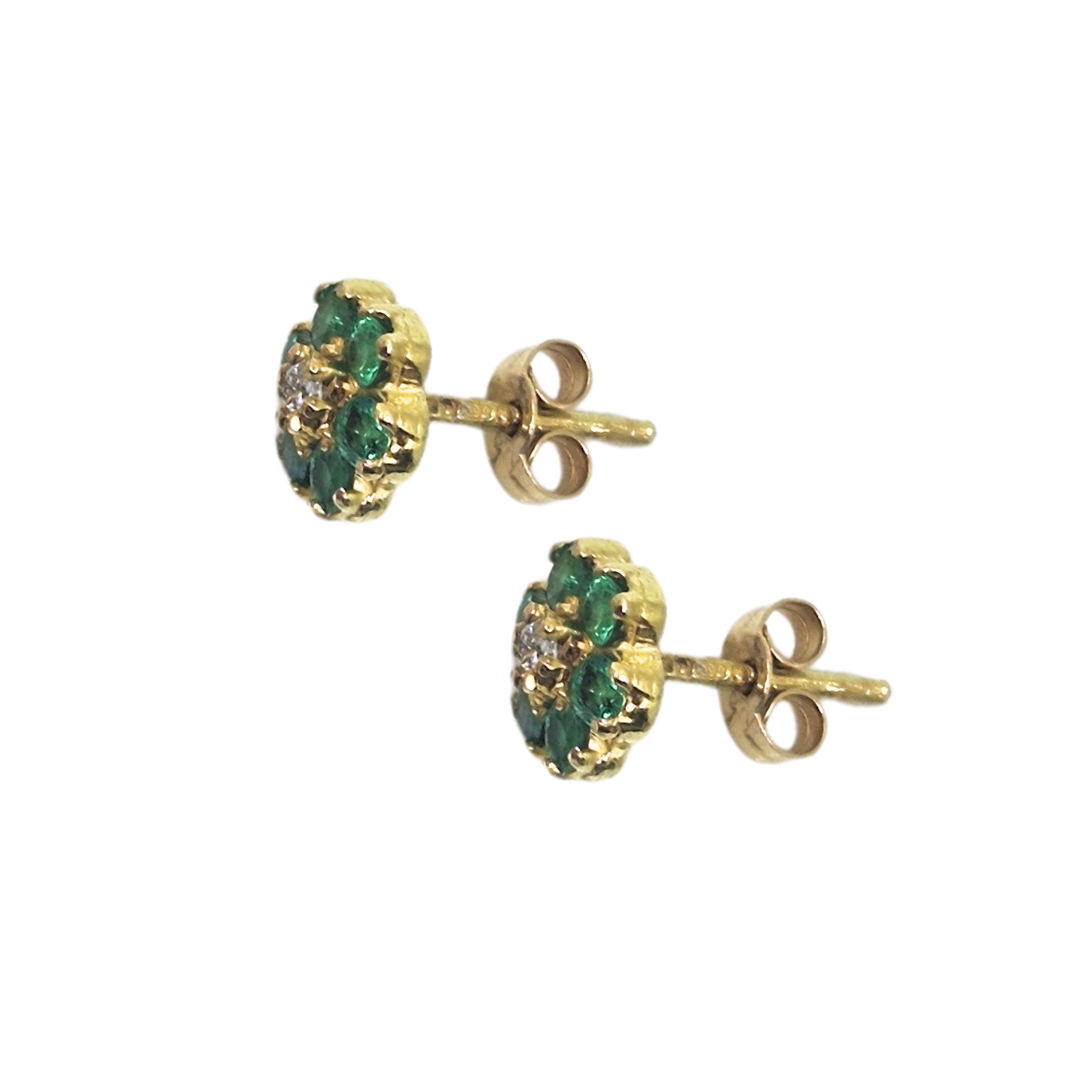 9ct Yellow Gold Emerald & Diamond Flower Stud Earrings