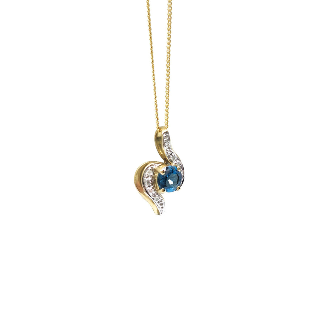 9ct Yellow Gold Blue Topaz & Diamond Pendant