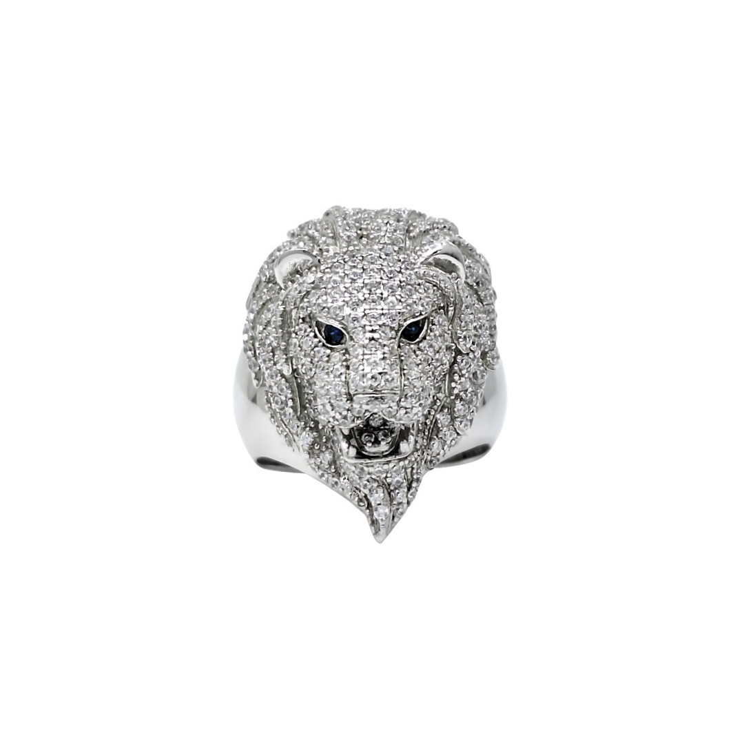 Silver Lion Heads CZ Ring