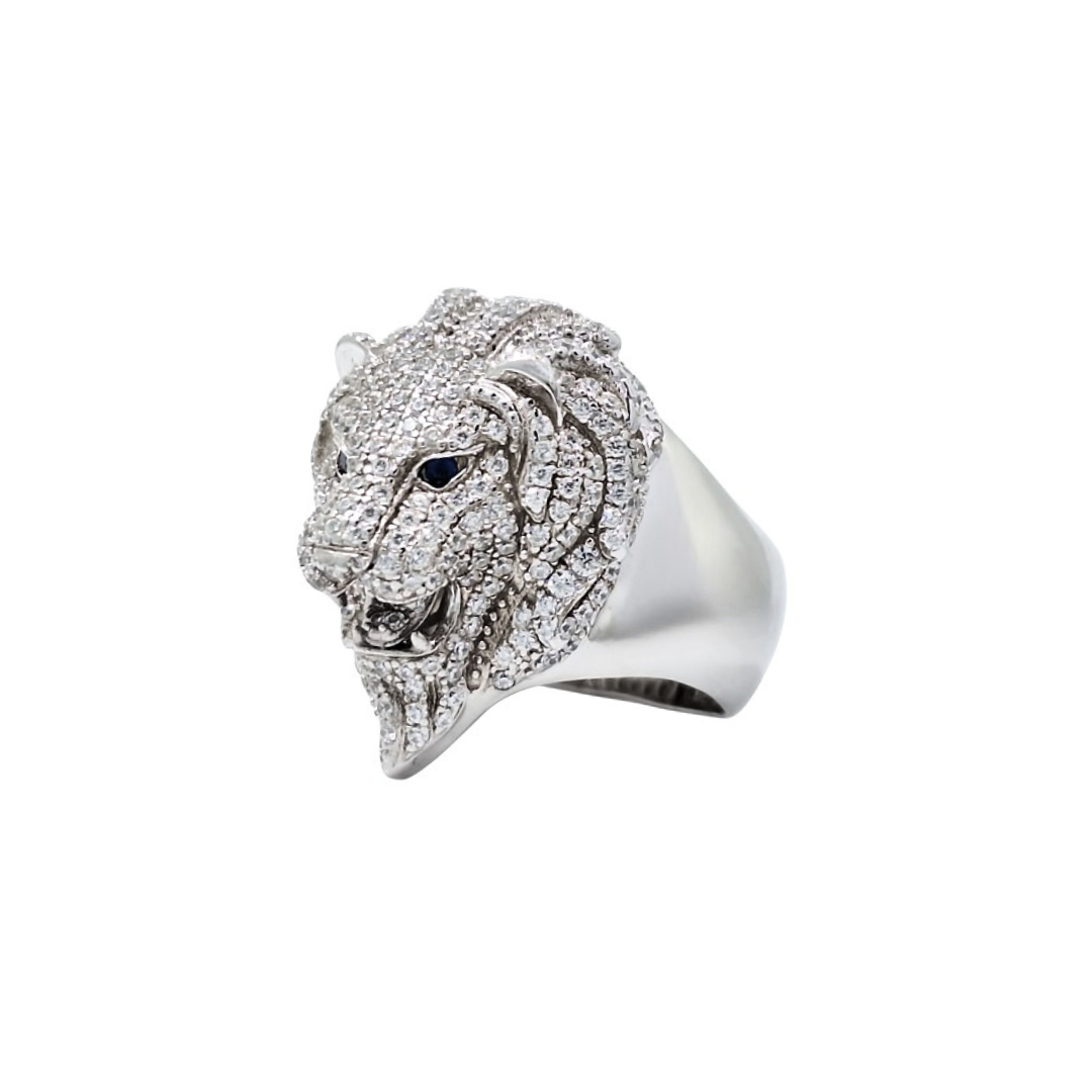Silver Lion Heads CZ Ring