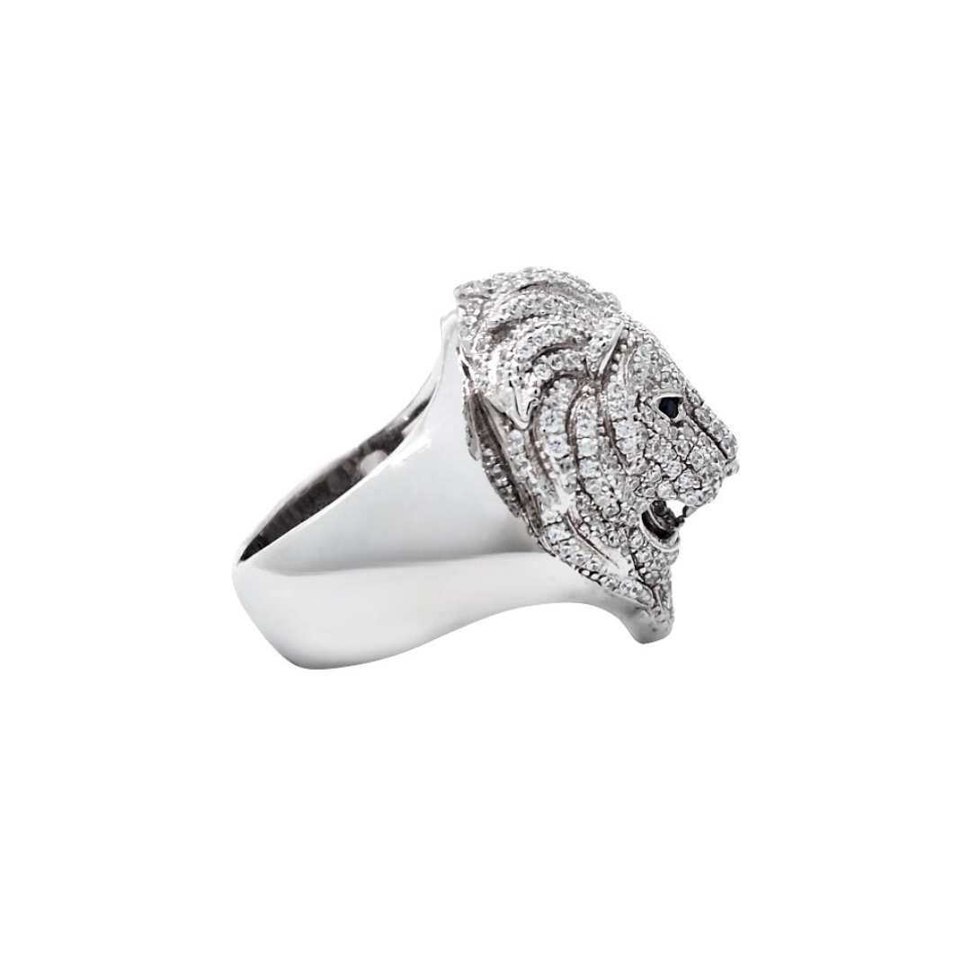Silver Lion Heads CZ Ring