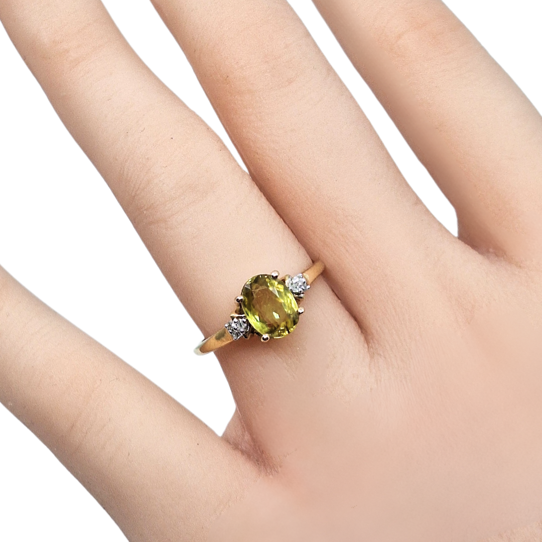 9ct Yellow Gold Three Stone Sphene & Diamond Ring