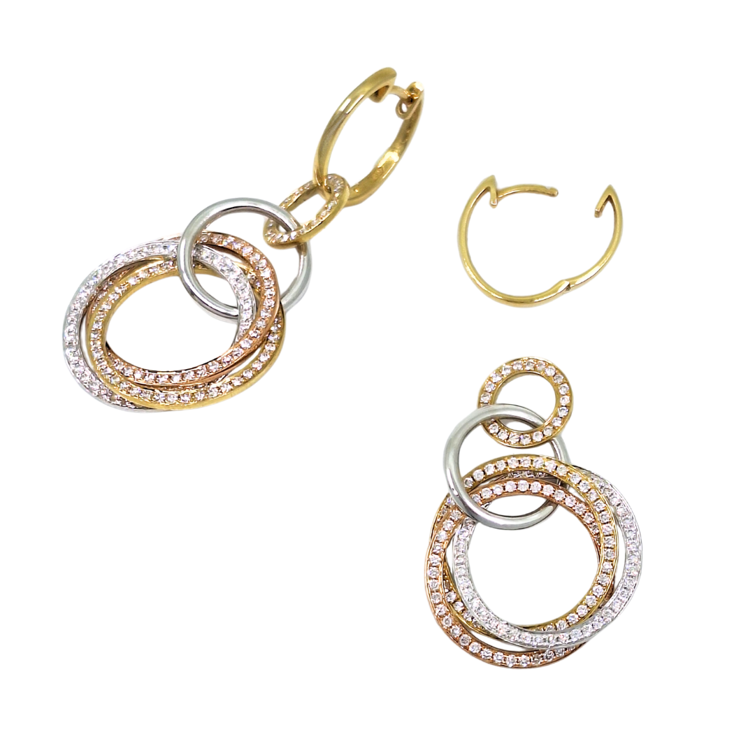18ct Three Colour Gold Diamond Circle Drop Earrings