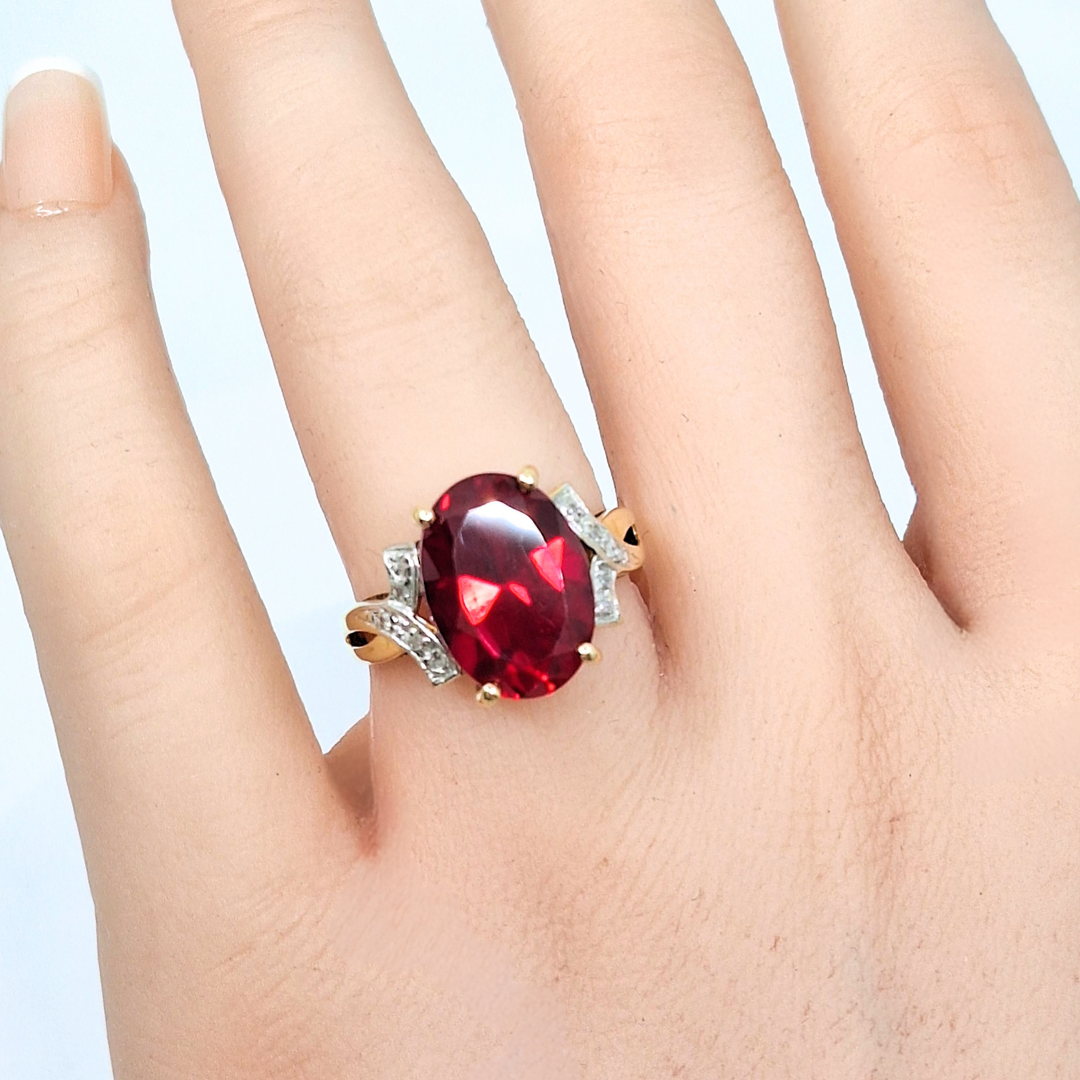 9ct Gold Synthetic Red Stone & Diamond Ring