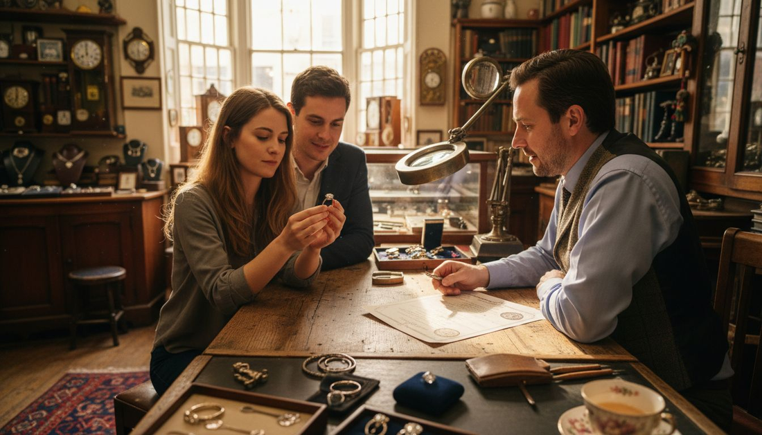 Couple examining engagement ring and hallmark certificate