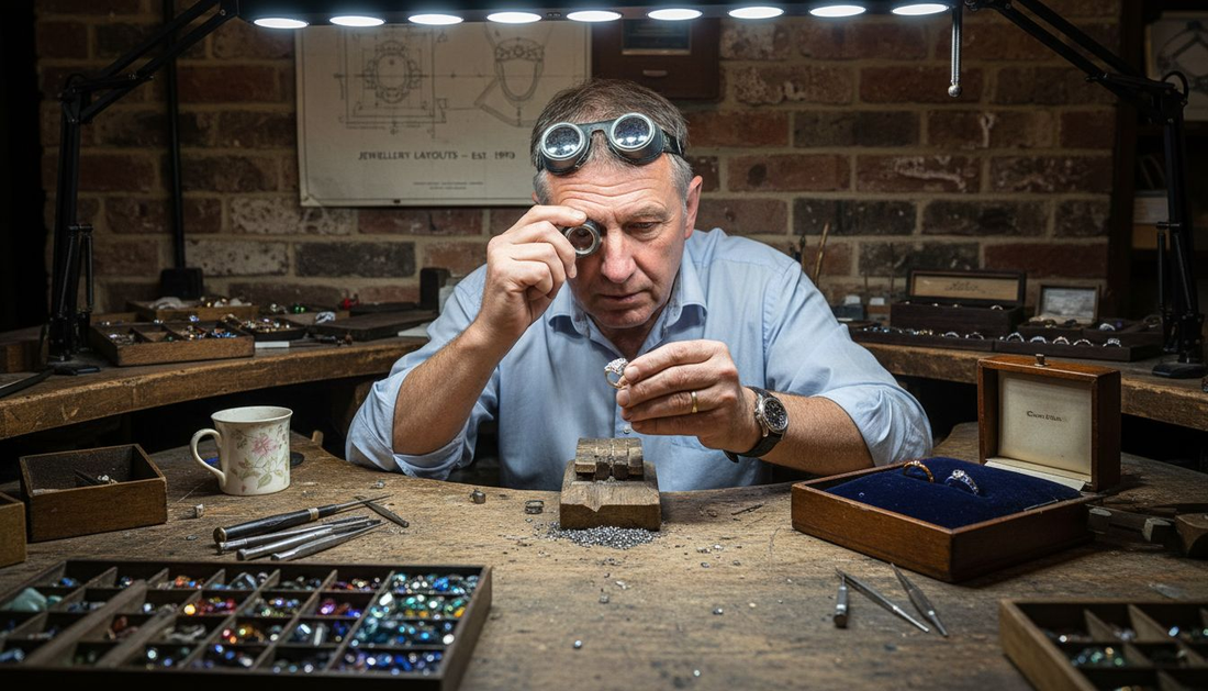 Jeweller inspecting diamond ring at workbench