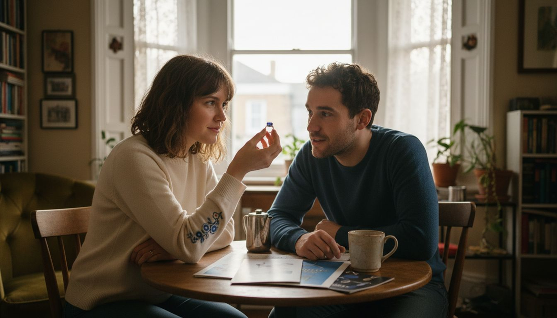 Couple examining sapphire ring in London flat