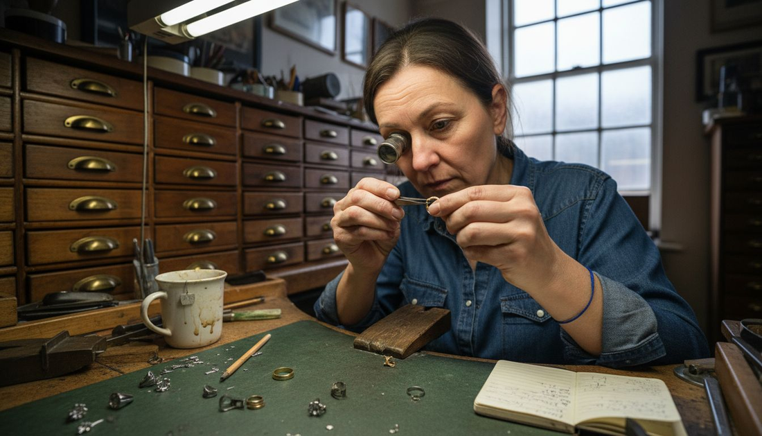 Jeweller examining gold ring hallmark closely