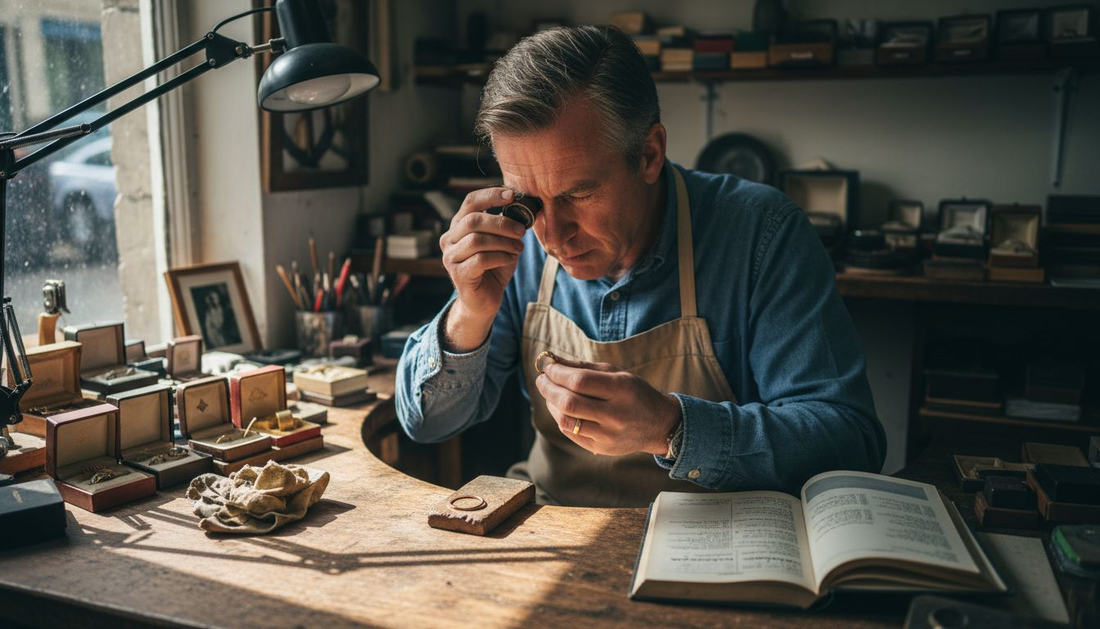 Jeweller inspecting gold ring with loupe