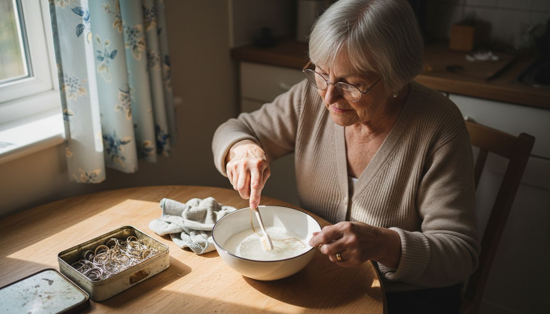 Woman cleaning gold jewellery at kitchen table