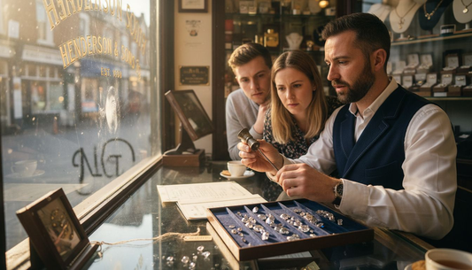 Jeweller showing ethical diamonds to young couple