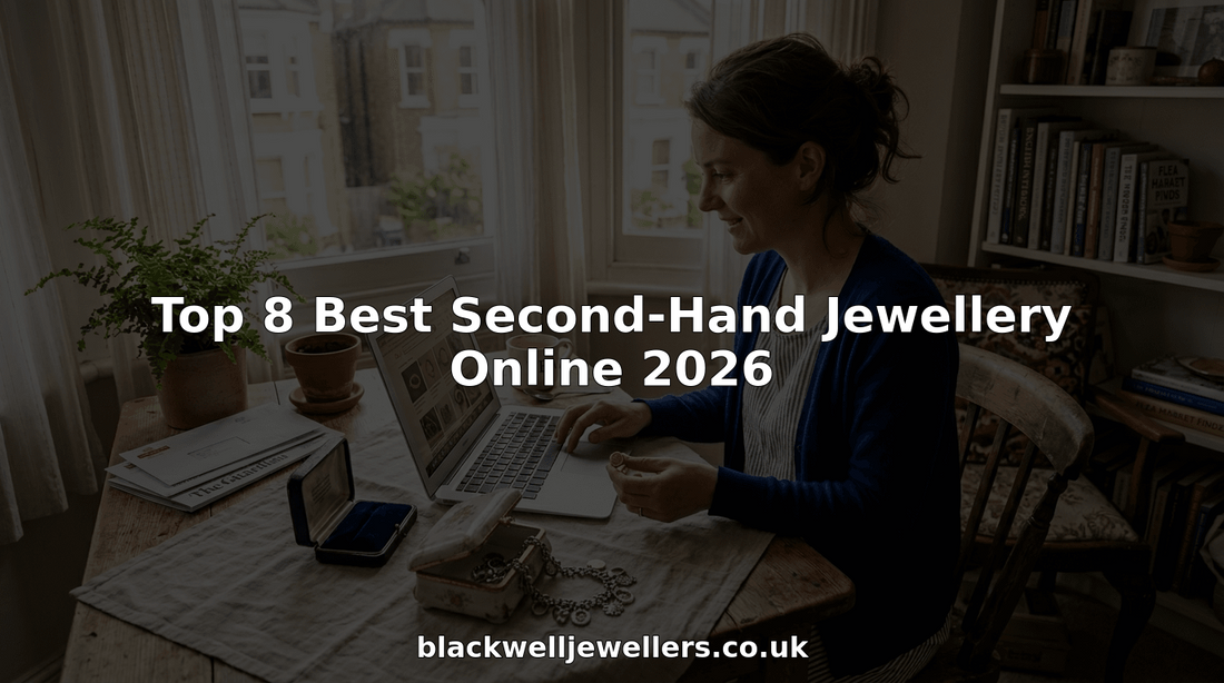 Woman browsing second-hand jewellery online at home table
