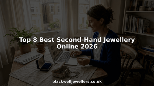 Woman browsing second-hand jewellery online at home table