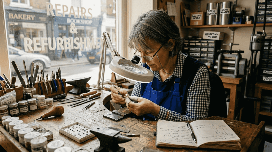 Jeweller refurbishing ring in bright street workshop