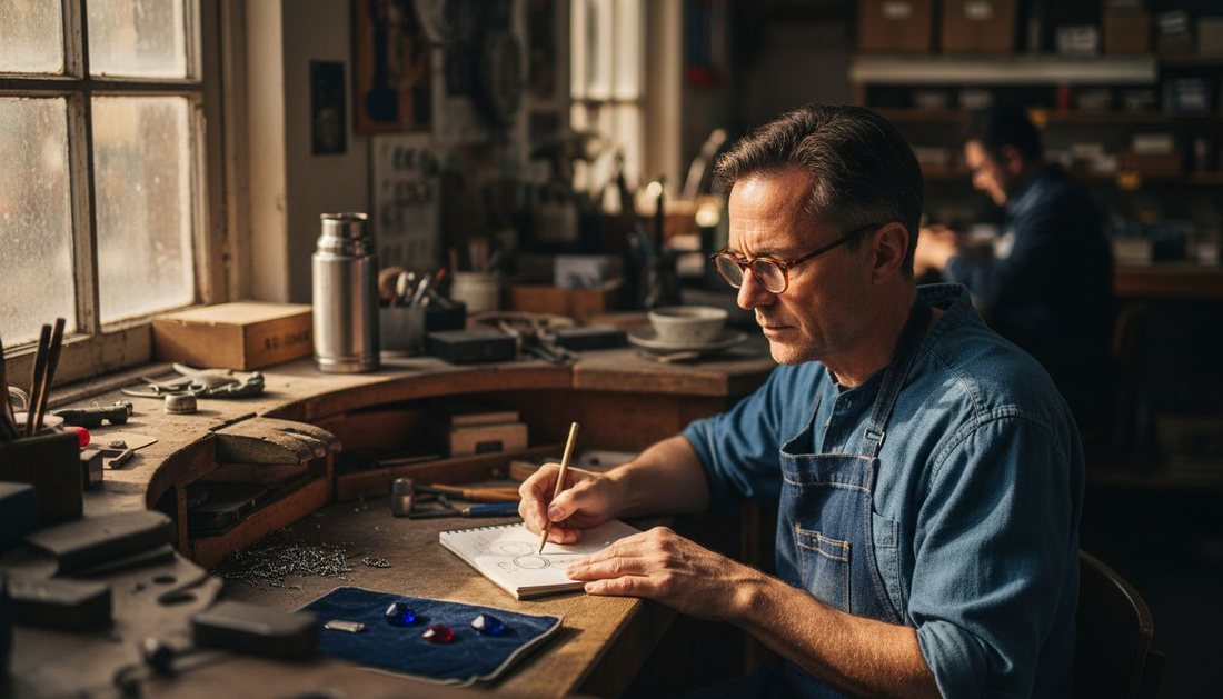 Jeweller sketching bespoke ring at workbench