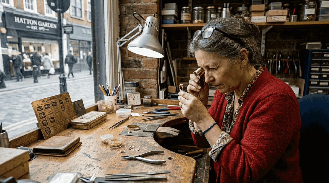UK jeweller examining gold ring for purity