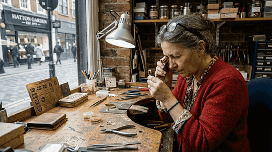 UK jeweller examining gold ring for purity