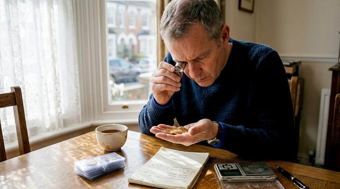 Man examining gold coins at home table