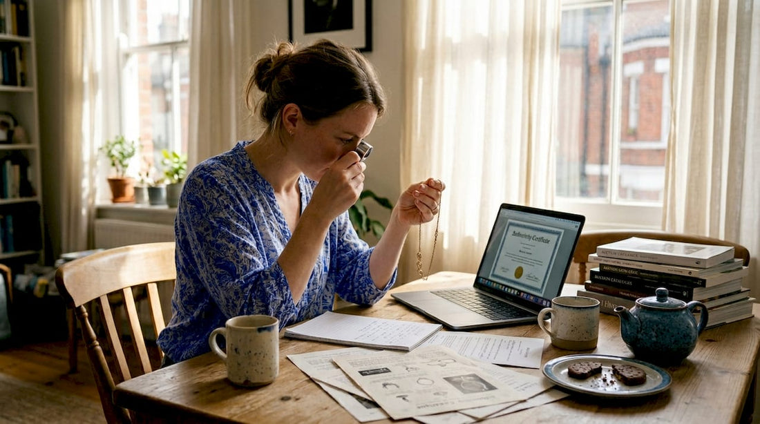 Woman authenticating second hand jewellery at kitchen table