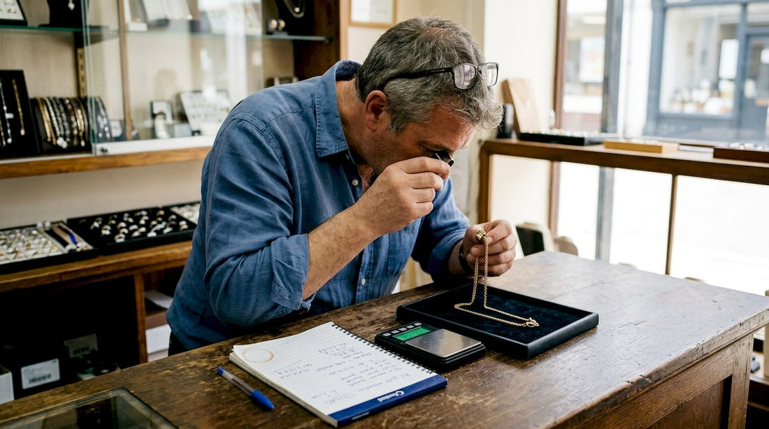 Jeweller examining gold necklace at shop counter