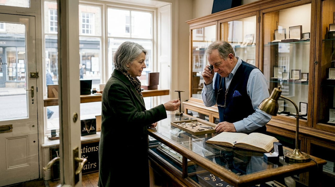 Woman selling jewellery at UK shop counter