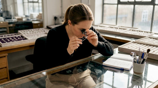 Gemologist inspecting lab grown diamond at counter