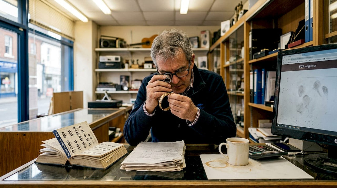 Pawnbroker authenticating jewellery at shop counter