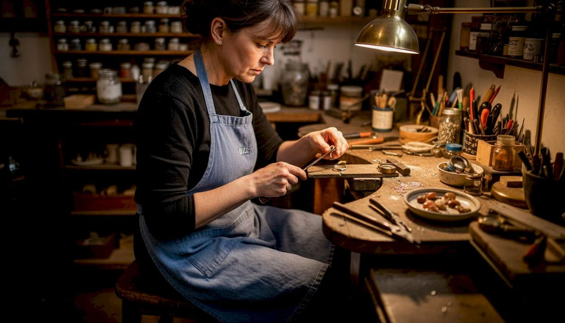 Artisan jeweller crafting silver ring at bench