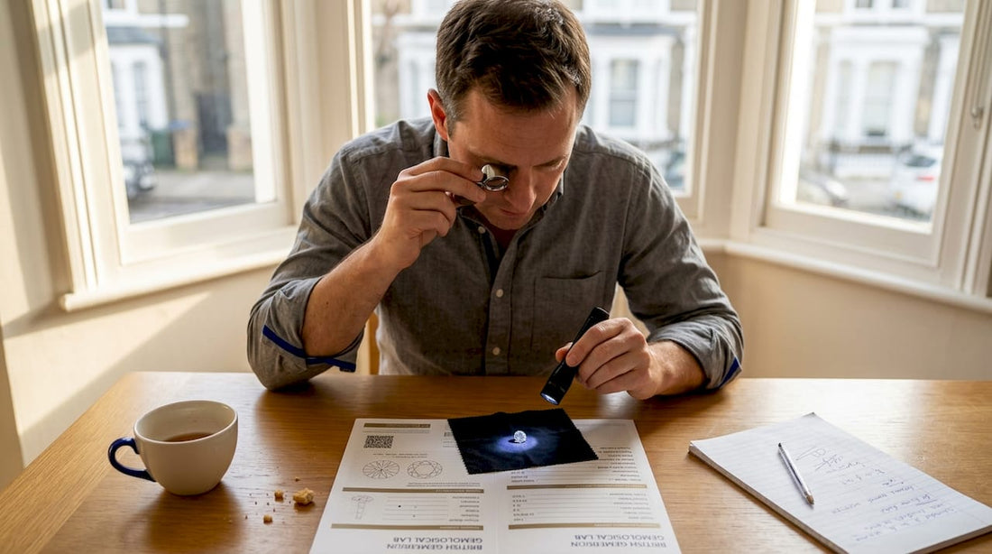 Man tests diamond under UV light at kitchen table