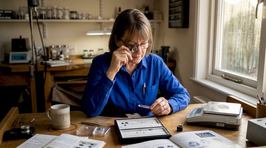 Gemologist inspecting loose diamond at desk