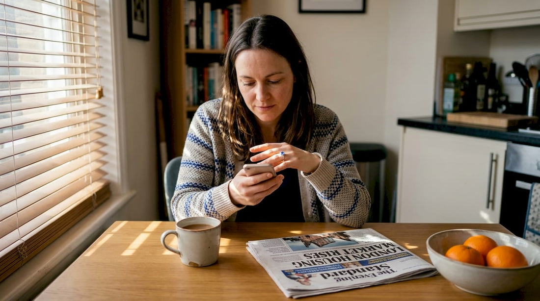 Woman admiring blue stone ring in kitchen