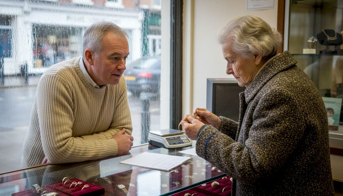 Customer and pawnbroker at jewellery counter