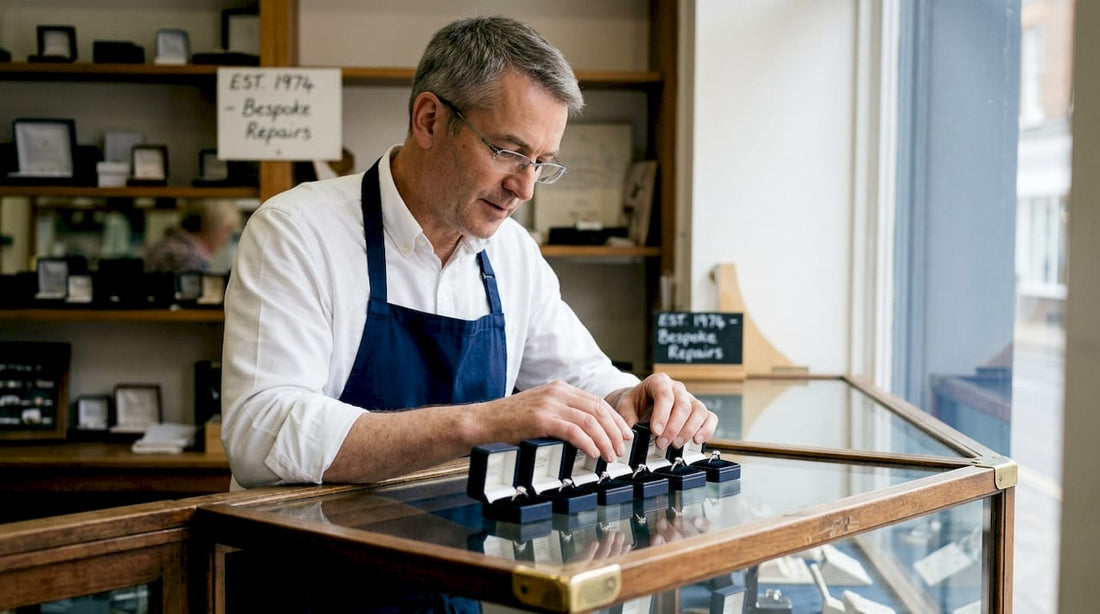 Jeweller arranging five classic engagement rings
