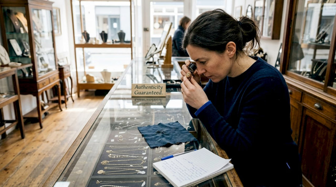 Jeweller inspecting vintage ring in shop