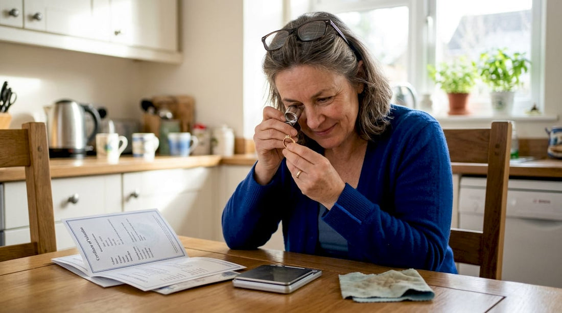 Woman inspecting pre-owned jewellery at home table