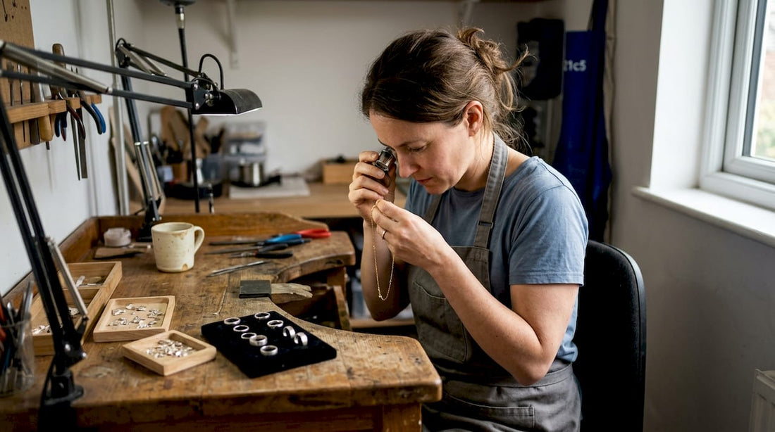 Jewellery maker inspecting ethical gold necklace