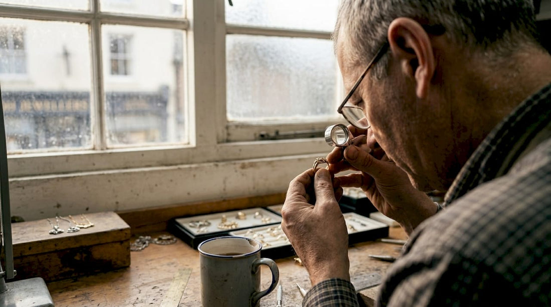 Jeweller examining ring in workshop setting