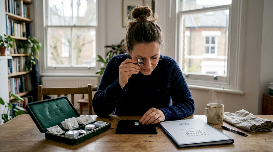 UK buyer carefully examining loose diamond at table