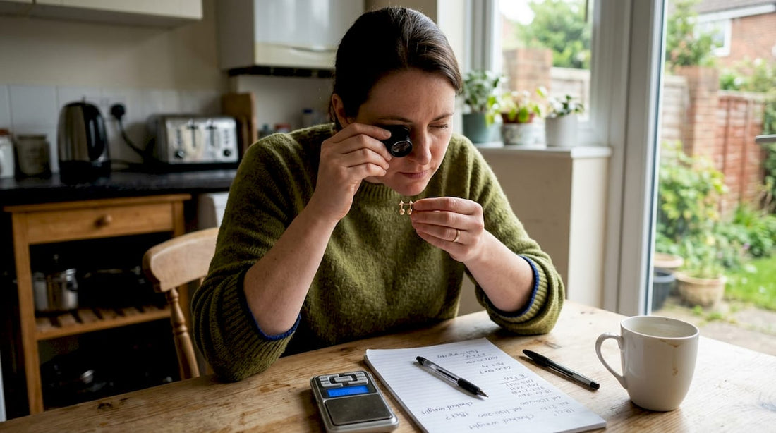 Woman valuing gold at home kitchen table
