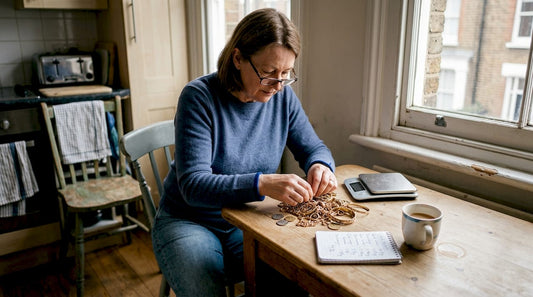 Woman weighing gold jewellery at kitchen table
