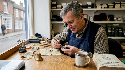 Watchmaker inspecting wristwatch at Kent workshop desk