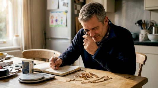Man evaluating gold jewellery at kitchen table