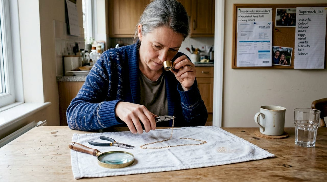 Person repairing gold chain at kitchen table
