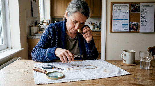 Person repairing gold chain at kitchen table